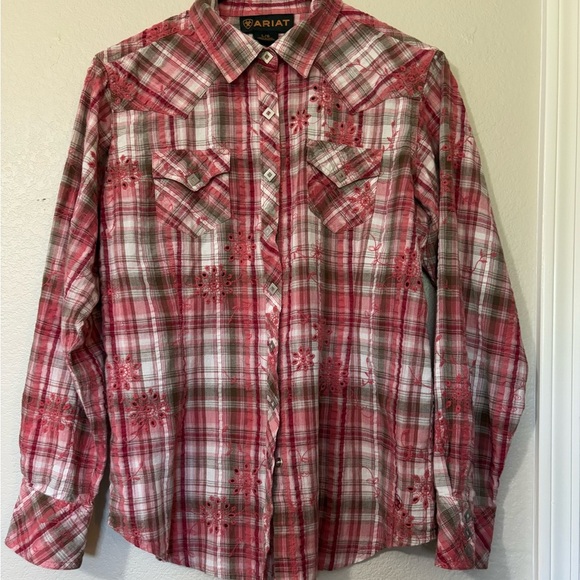 Ariat Pink Plaid Western Shirt with Floral Embroidery and Metal Diamond Snaps. - Picture 1 of 16